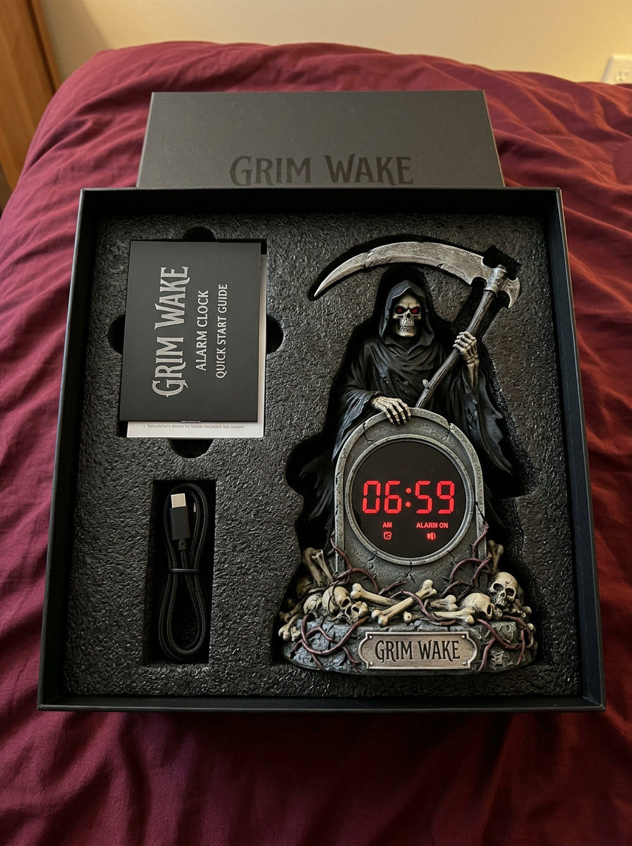 GRIM WAKE Reaper Alarm Clock unboxing with LED tombstone display